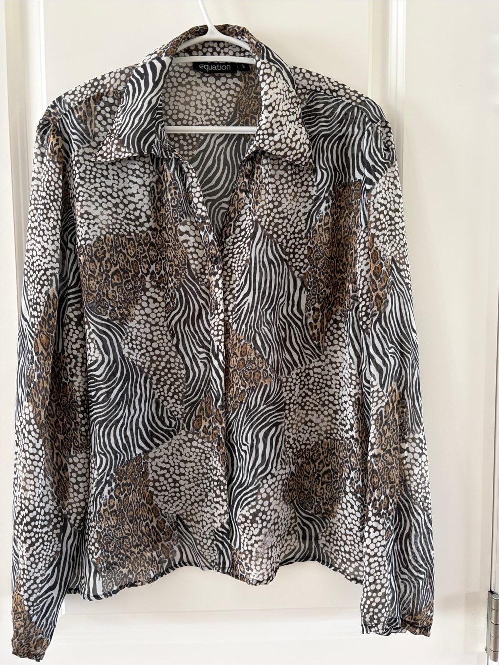 Equation Animal Print Button-Down Shirt - Black, White & Brown. C33